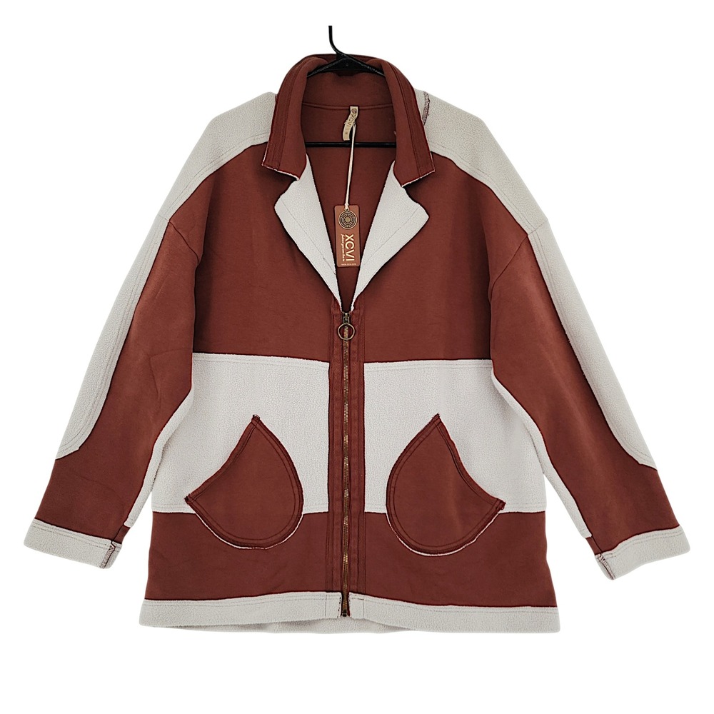 XCVI Fleece Jacket XL Color Block Brown Cream Zip Up Western Coastalcowgirl NEW